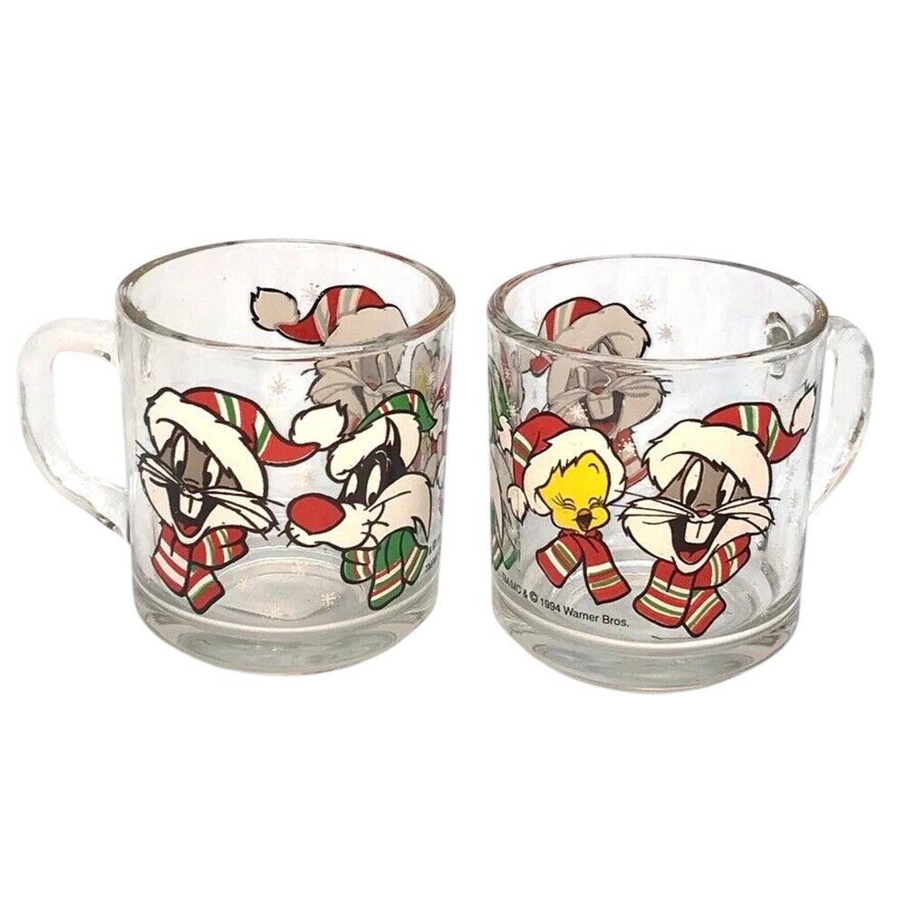 Vintage Looney Tunes 1994 Christmas Warner Bros Bugs Sylvester Tweety Glass Mugs